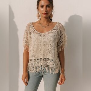 Free People Lace Box Cut Short Sleeve Top with Fringe in Cream